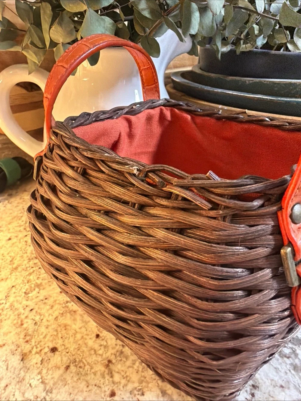 Wicker Basket Orange Cloth Lining Leather Straps Brass Hardware Small Decor